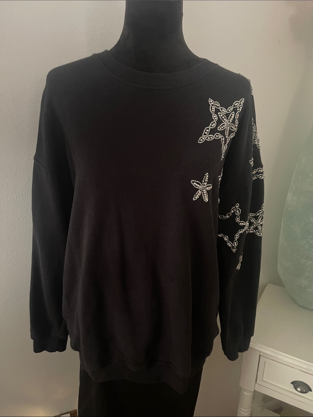 Black Rhinestone and Bead Embellished Star Sweatshirt